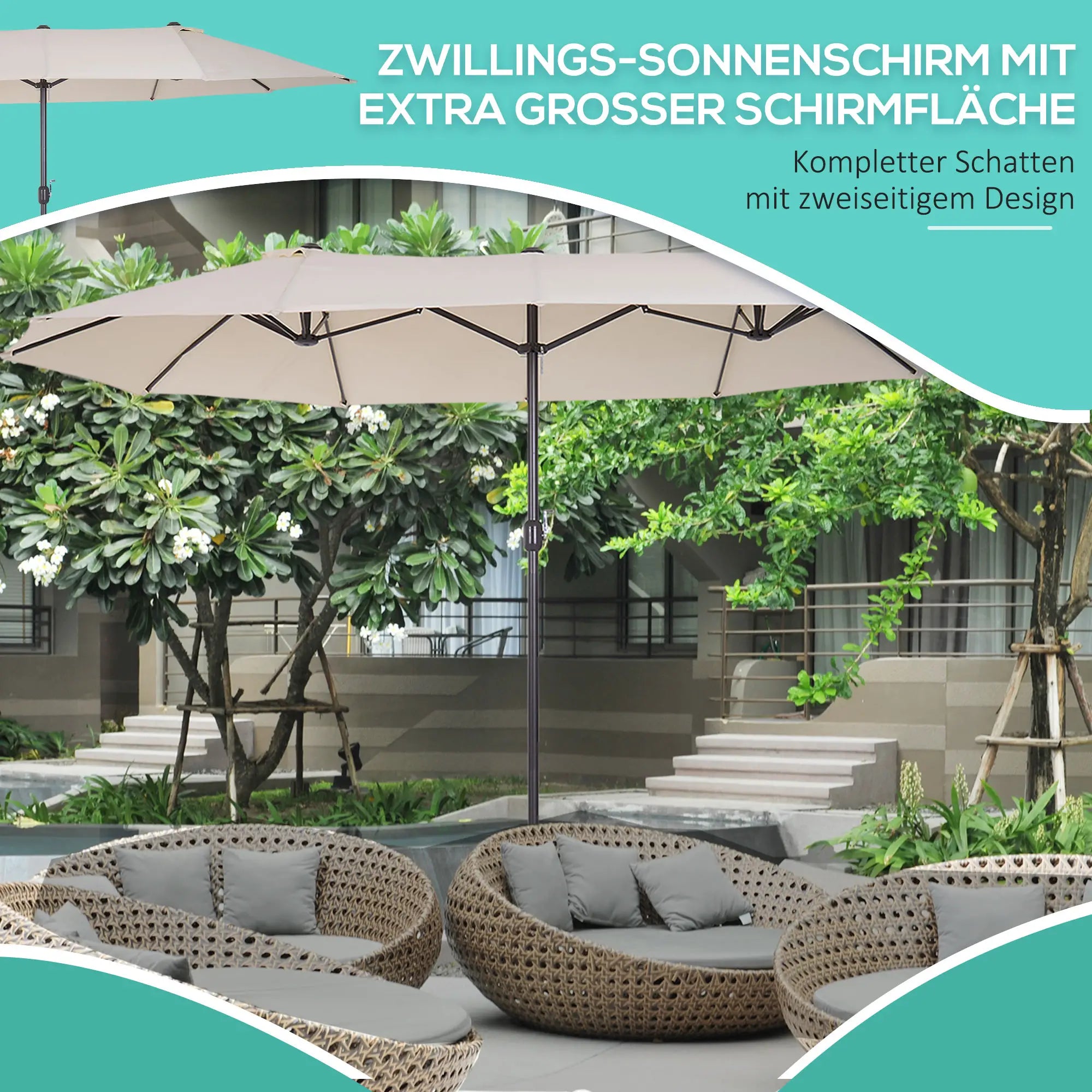 Outsunny Doppel-Sonnenschirm Gartenschirm XXL mit Handkurbel Lüftung