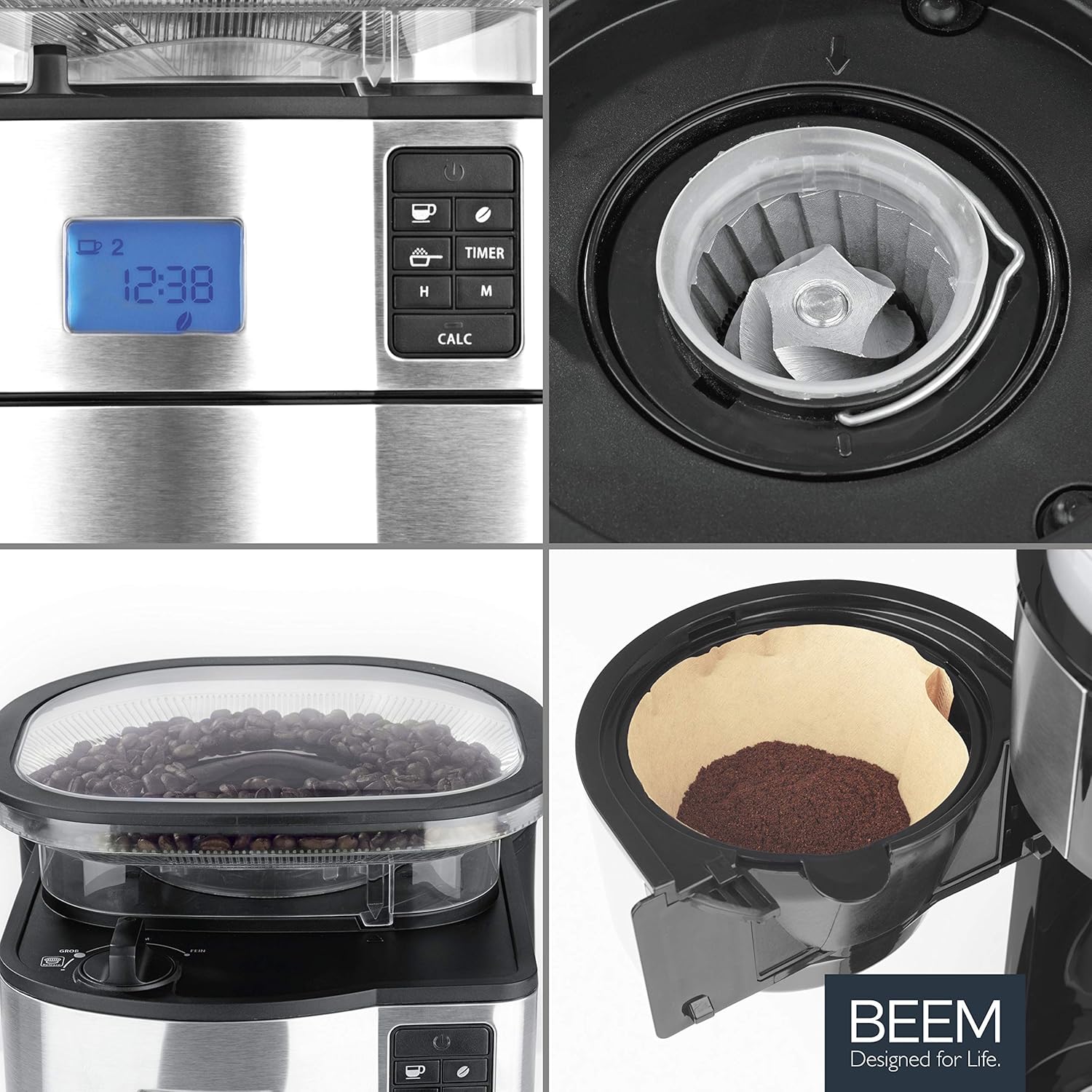 BEEM FRESH-AROMA-PERFECT II Filterkaffeemaschine mit Mahlwerk - Thermo | Edelstahl | Thermokanne | 24h-Timer | 1000 W | 180 g Bohnenbehälter