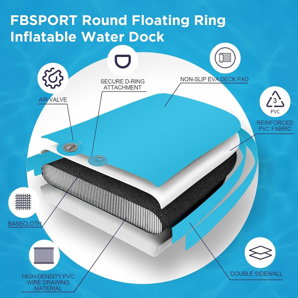 Aufblasbares Dock, schwimmende Plattform, 2,44 m aufblasbares Wasserhängematten-Schwimmdeck für See mit Getränkehalter, runder Schwimmring, Schwimmfloß, Liegeinsel, Plattformpolster