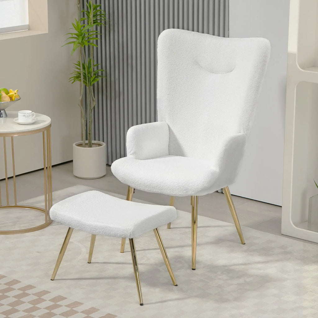 HOMCOM Relaxsessel mit Hocker Sherpa-Bezug weiß goldene Beine