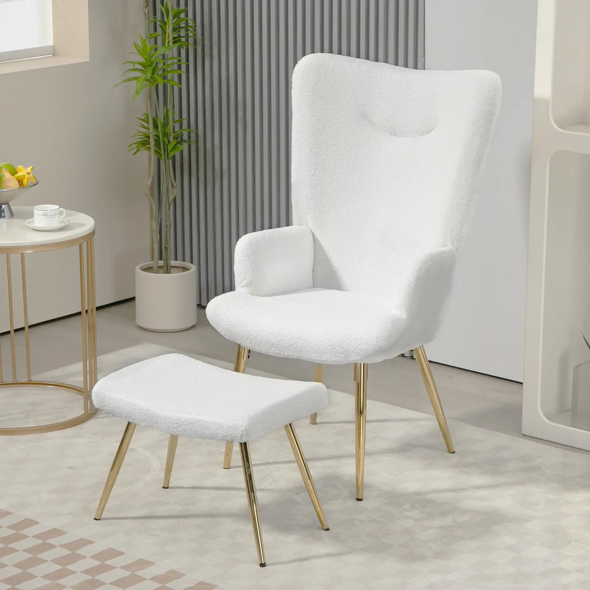 HOMCOM Relaxsessel mit Hocker Sherpa-Bezug weiß goldene Beine