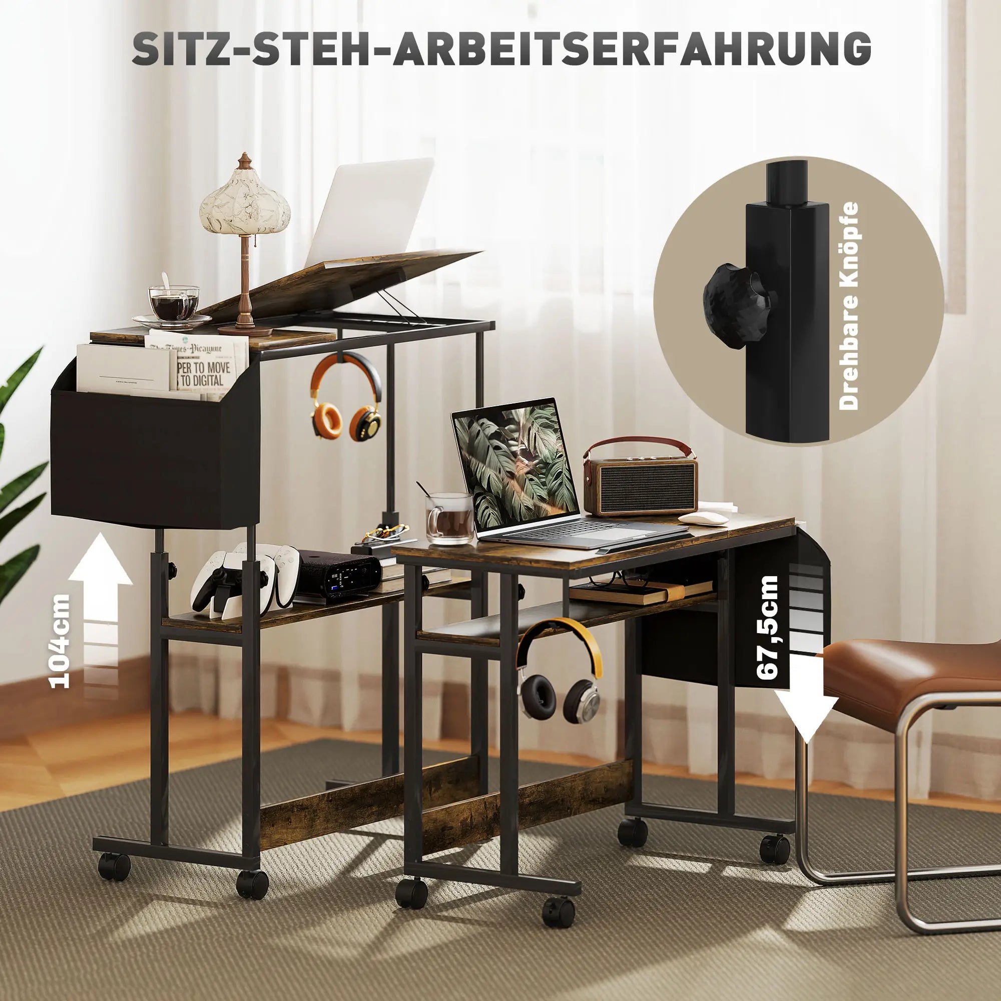 HOMCOM Schreibtisch höhenverstellbar mit Rollen kippbare Tischplatte
