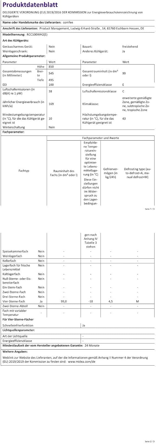Comfee RCC100WH2(E) Gefriertruhe/169 kWh/Jahr/85cm hoch/99L/38dB/Geringe Lautstärke/Hoch effizientesD-förmigesRohr/Geeignet für verschiedene Einsatzszenarien/Einstellbarer Temperaturregler/Weiß