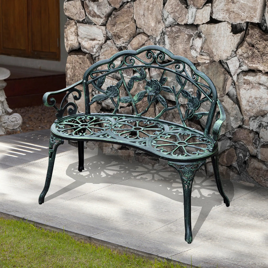 Outsunny Gartenbank 2-Sitzer Blumenmuster Gussaluminium Antik Grün