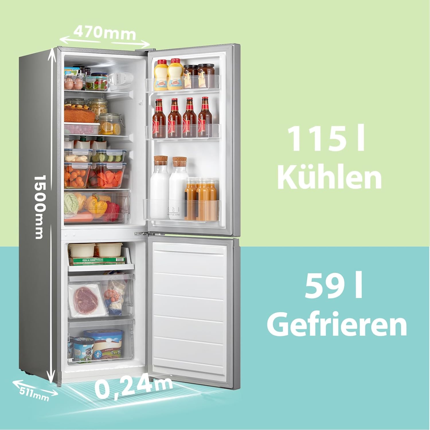 Comfee' RCB169DK3 Kühlschrank mit Gefrierfach 150cm Höhe/Kühl-/Gefrierkombination/Low Frost/174L/leise Kühlgefrierkombi 38dB/Einstellbare Kühlschranktemperatur/LED-Licht/156 kWh/Jahr/Schwarz