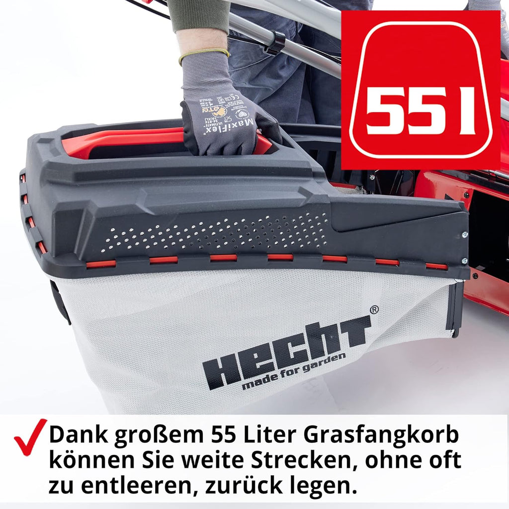 HECHT 5IN1 Rasenmäher Benzin – Bequemer Selbstantrieb - Für Flächen bis 1000 m² - Starker 4 Takt Motor mit 46 cm Schnittbreite – Radantrieb – Mulchfunktion – Seitenauswurf - Rasenmäher Benzin
