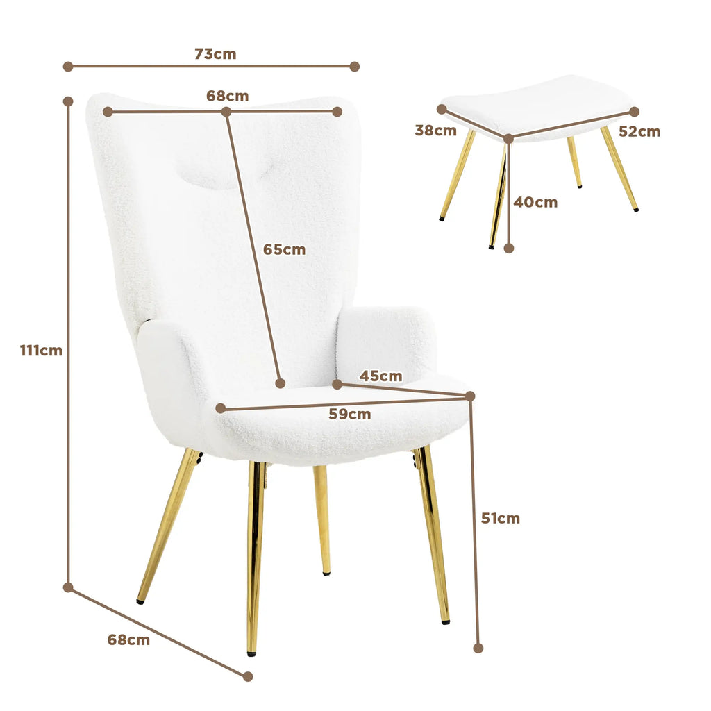 HOMCOM Relaxsessel mit Hocker Sherpa-Bezug weiß goldene Beine