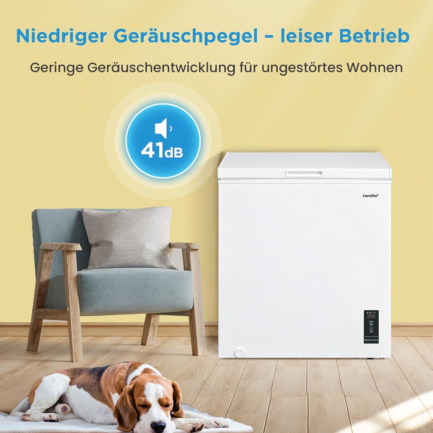Comfee RCC100WH2(E) Gefriertruhe/169 kWh/Jahr/85cm hoch/99L/38dB/Geringe Lautstärke/Hoch effizientesD-förmigesRohr/Geeignet für verschiedene Einsatzszenarien/Einstellbarer Temperaturregler/Weiß