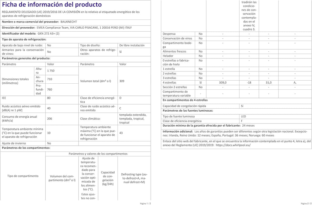 Bauknecht GKN 272 A3+ Gefrierschrank / 309 L Gesamtnutzinhalt / NoFrost / EasyOpen Ventil / Innenbeleuchtung / Elektronische Steuerung mit innenliegendem Bedienfeld, Weiß