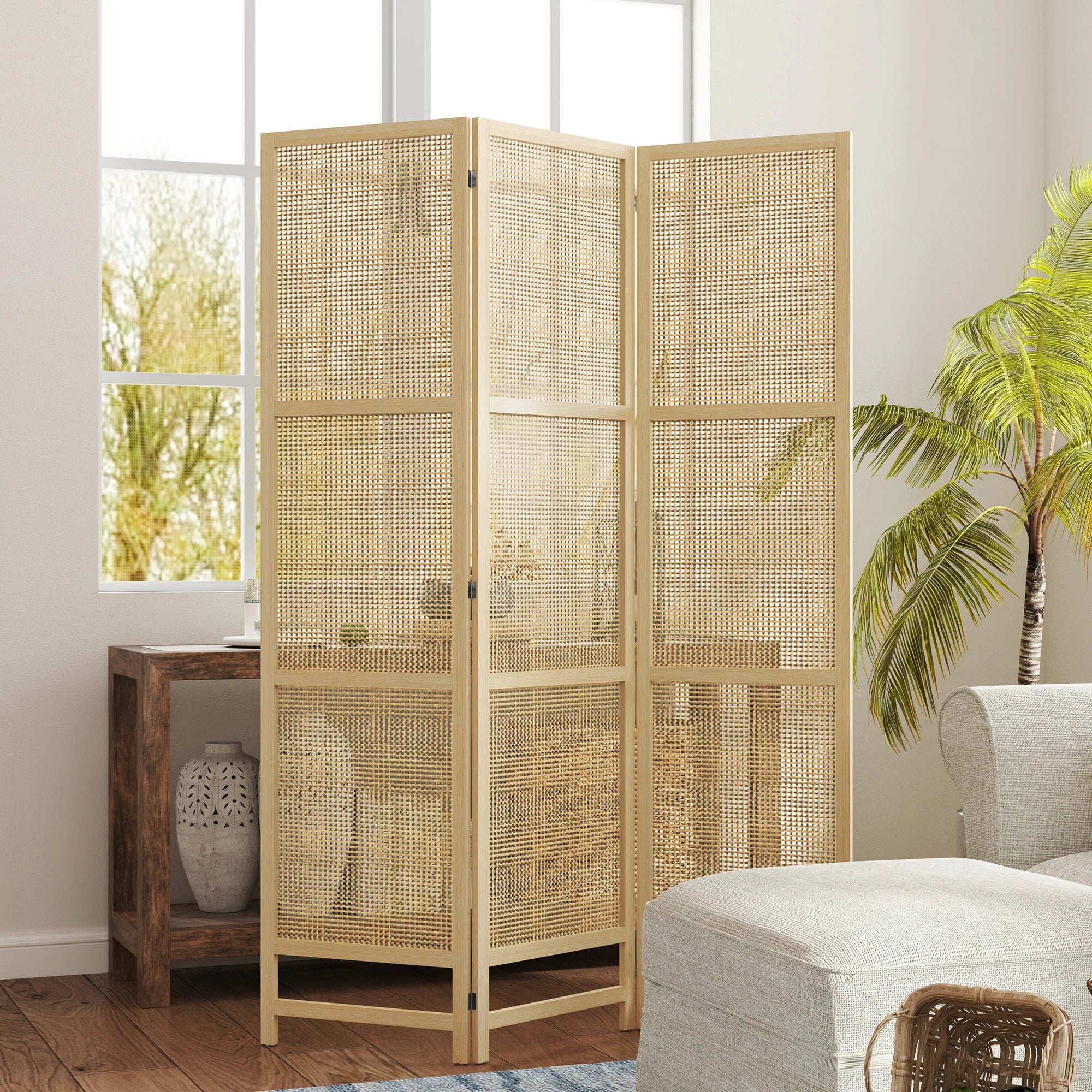 HOMCOM Paravent 3-teilig 135x180 cm aus PP-Rattan Natur