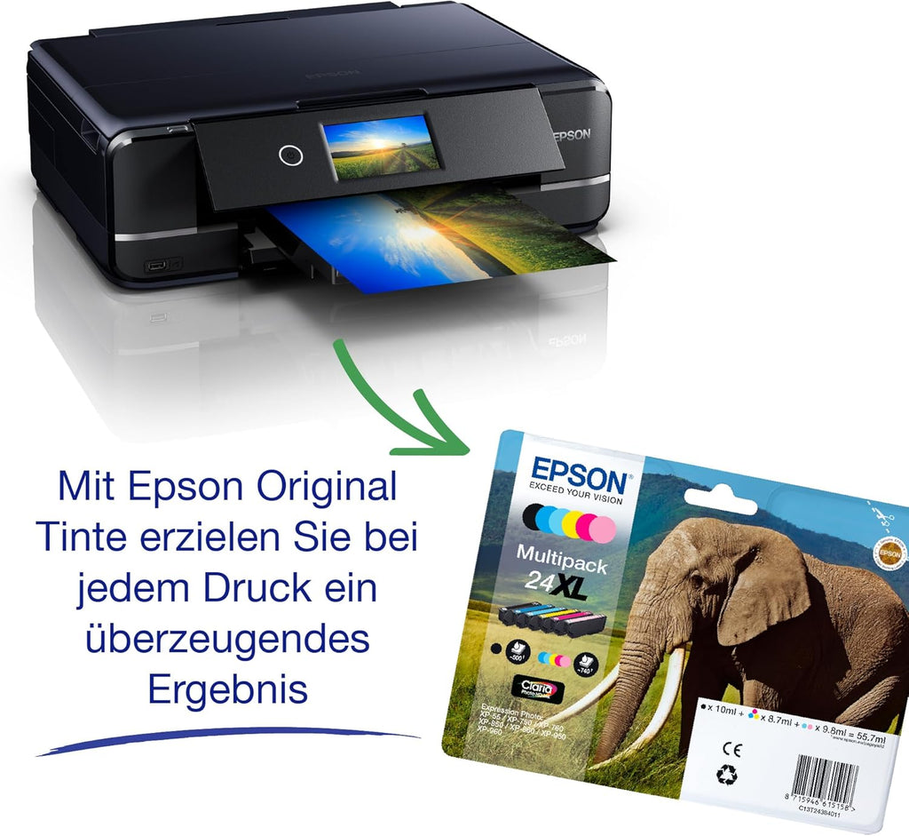 Epson Expression Photo XP-970 3-in-1 Tintenstrahl-Multifunktionsgerät Drucker (Scanner, Kopierer, WiFi, Ethernet, Duplex, 10,9 cm Touchscreen, Einzelpatronen, 6 Farben, DIN A3) schwarz, 10 x 15 cm