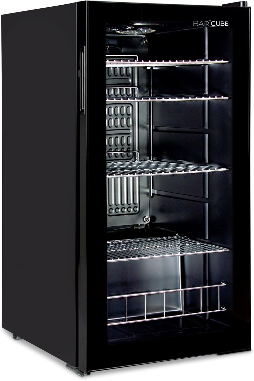 °CUBES Getränkekühlschrank 90L mit Glastür & 4 variablen Ablagen | Kompakter Flaschenkühlschrank, perfekt für zu Hause, Büro, Partys & Gastro | Stilvoller Kühlschrank mit Glastür, schwarz