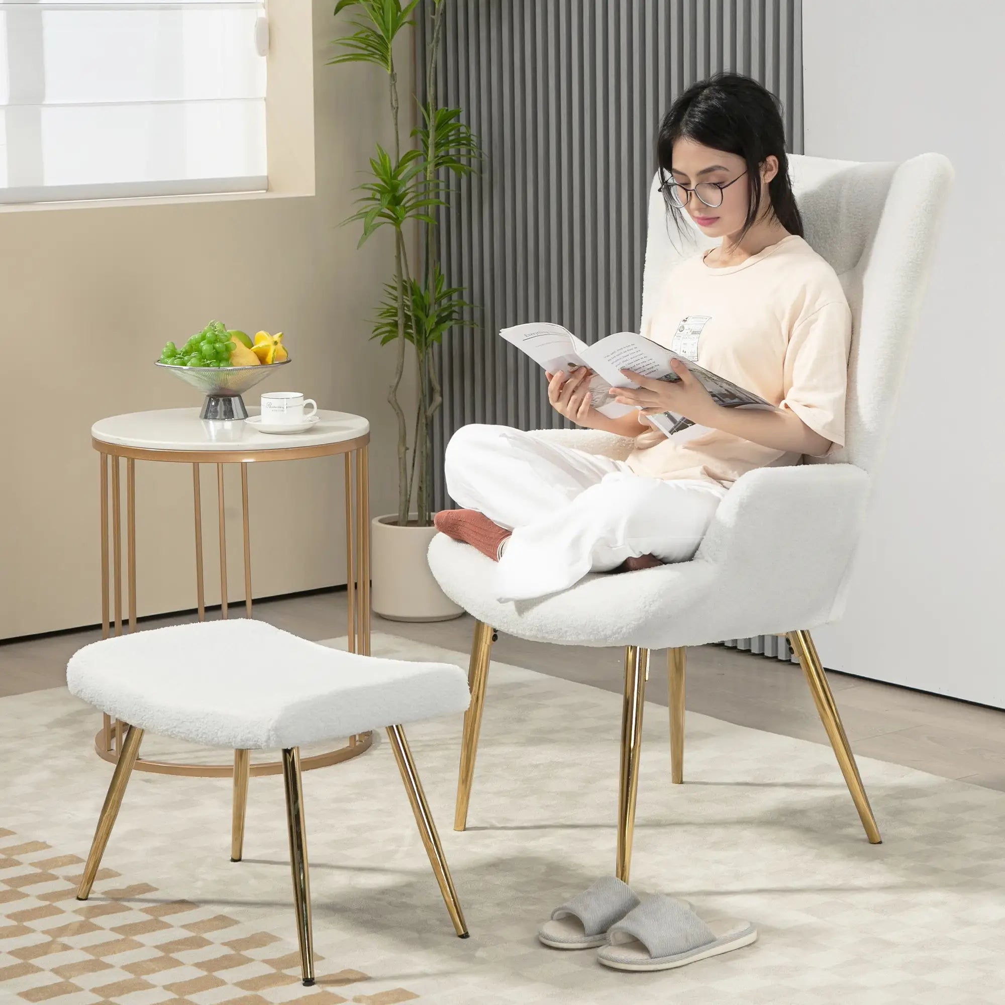 HOMCOM Relaxsessel mit Hocker Sherpa-Bezug weiß goldene Beine