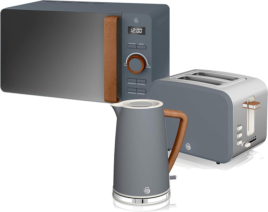 Swan Nordic Frühstücksset, Wasserkocher, 1,7 l, 2200 W, Breitschlitz-Toaster, 2 Scheiben, digitale Mikrowelle 20 l, modernes Design, Holzoptik, grau