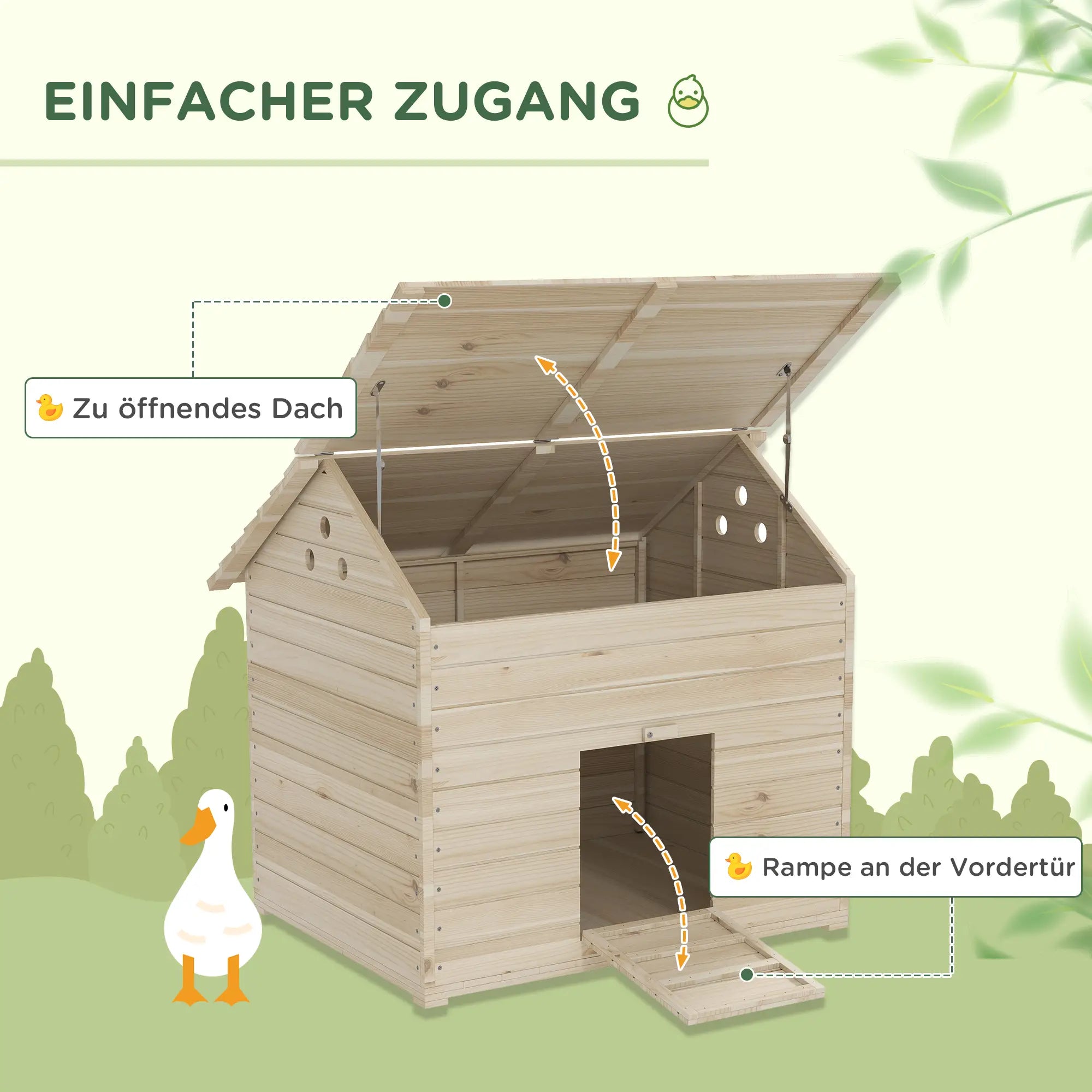 PawHut Entenhaus mit aufklappbarem Dach und Rampe Tannenholz