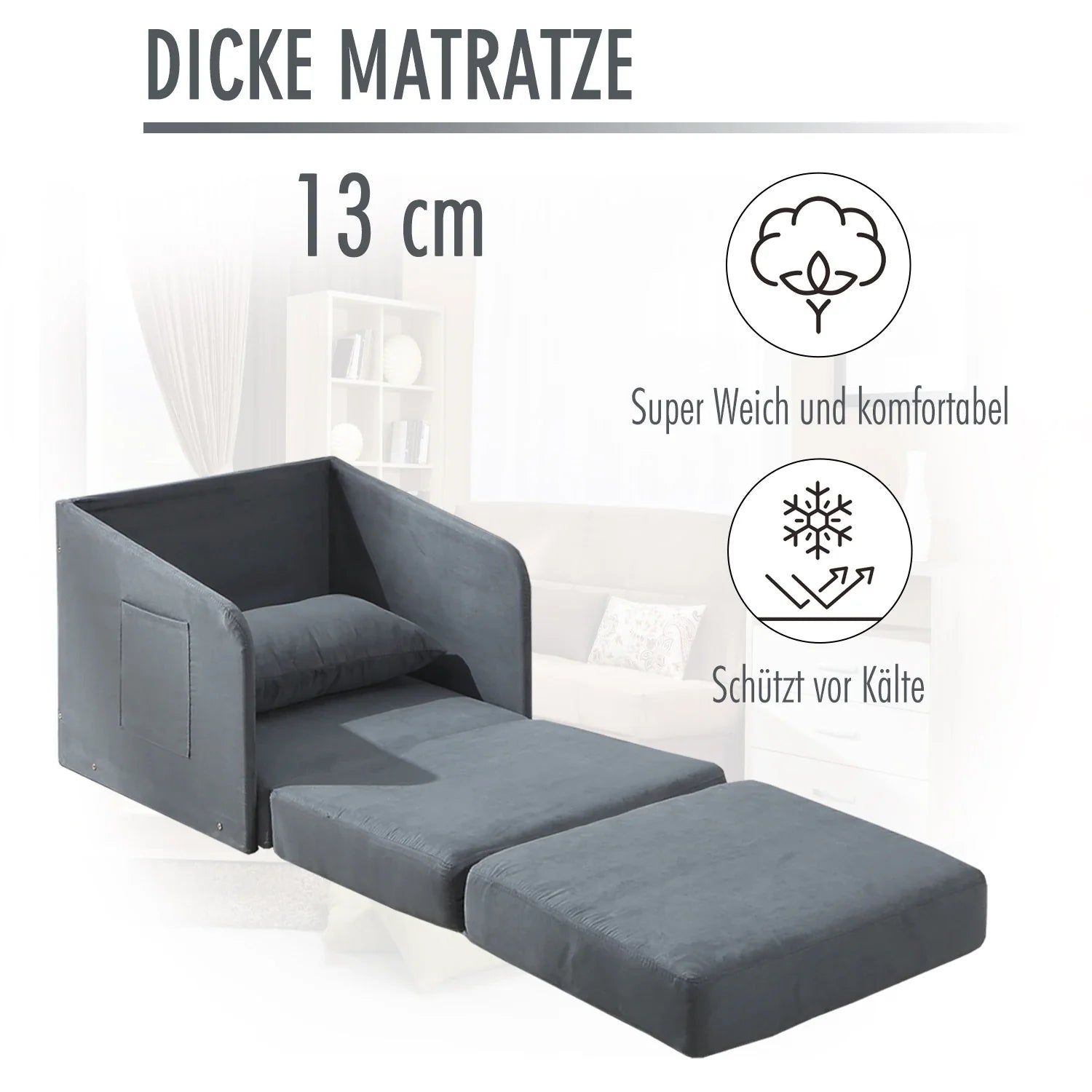 HOMCOM Schlafsessel mit Schlaffunktion und 2 Seitentaschen Wildlederimitat