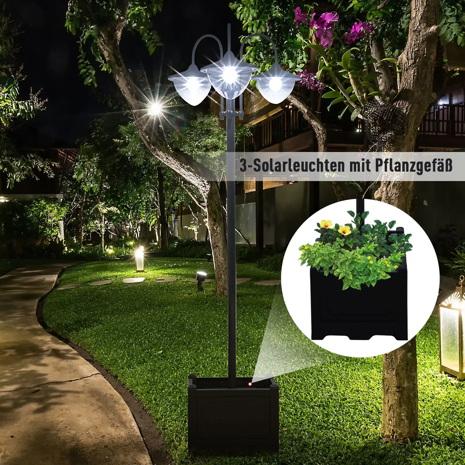 Outsunny Solarleuchte Gartenbeleuchtung 3 Schirme Blumentopf Basis