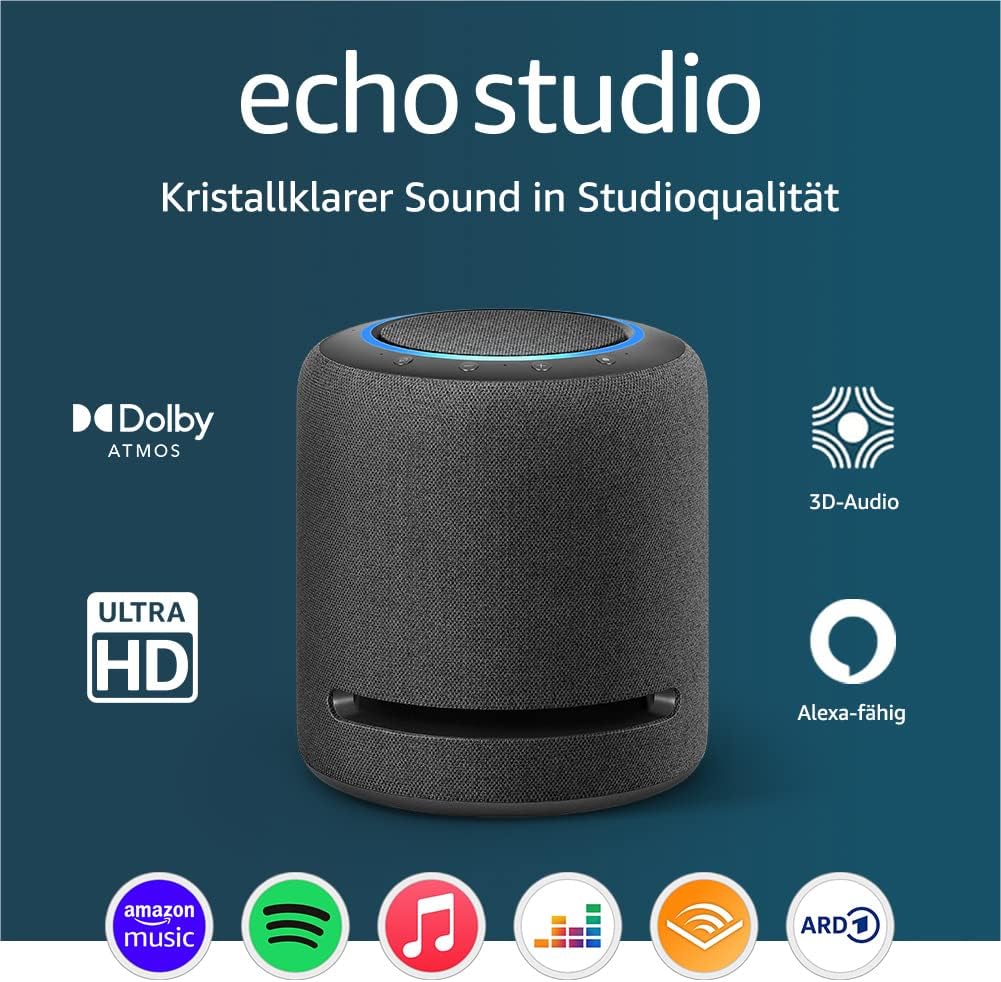 Echo Studio (Neueste Generation) | Der beste Klang, den unsere smarten WLAN- und Bluetooth-Lautsprecher je geboten haben – mit Dolby Atmos, 3D-Audio, Smart-Home-Hub und Alexa | Weiß