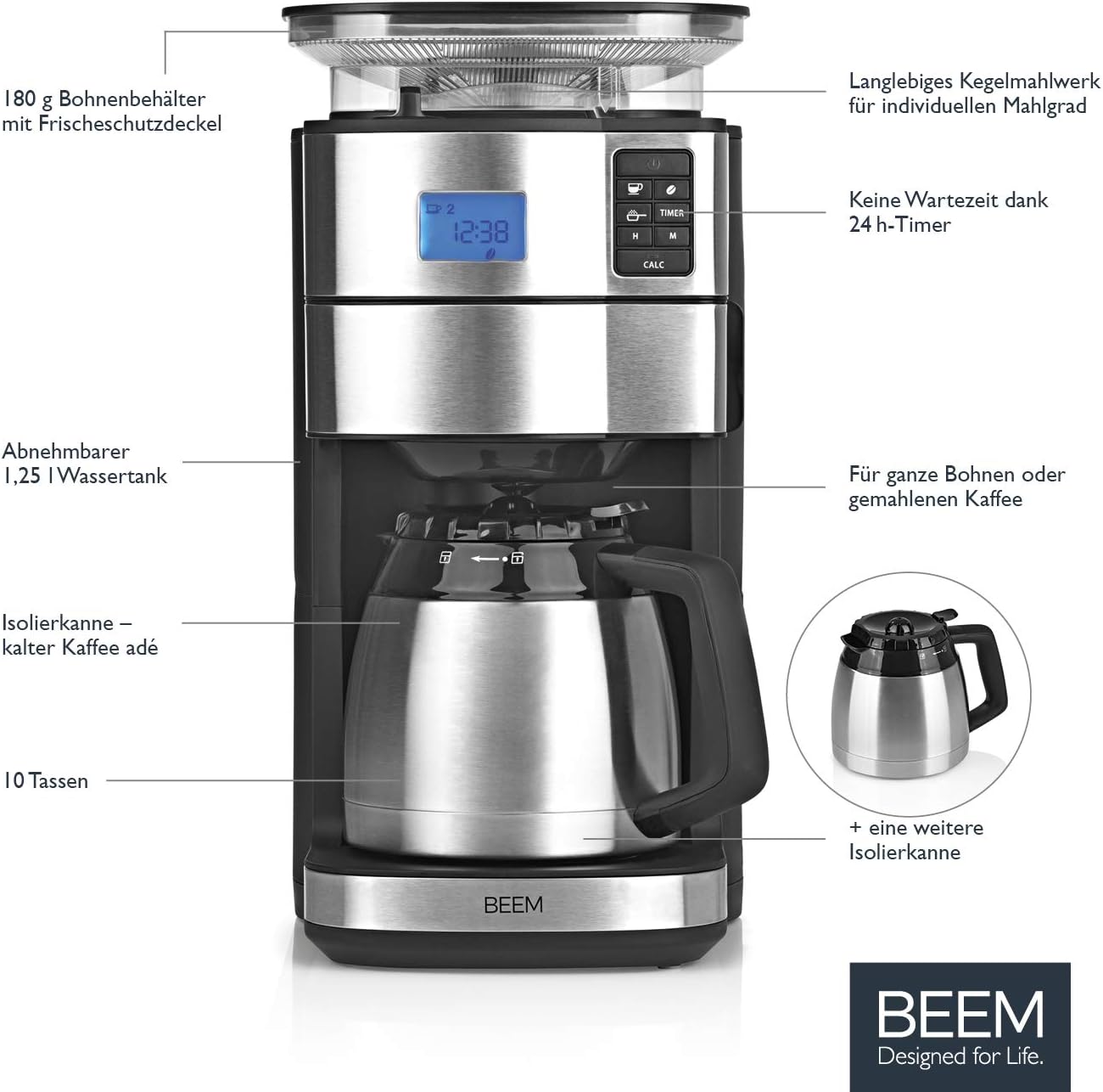 BEEM FRESH-AROMA-PERFECT II Filterkaffeemaschine mit Mahlwerk - Thermo | Edelstahl | Thermokanne | 24h-Timer | 1000 W | 180 g Bohnenbehälter