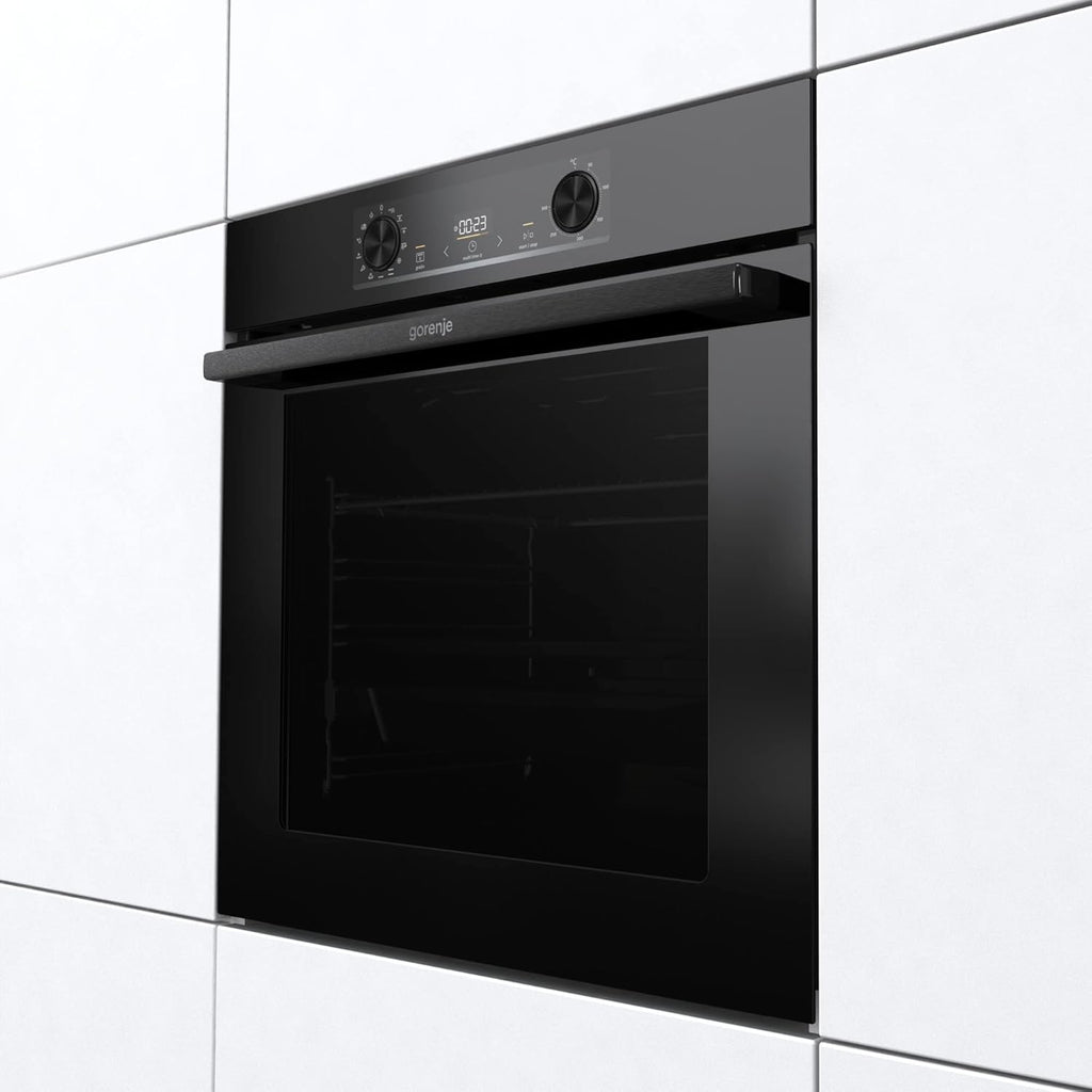 Gorenje 738971 Einbaubackofen-Set OptiBake Black Steam Pyro Set / 77L / Heißluft/Pyrolyse/ExtraSteam/GentleClose/AirFry/Pizzamode 300°C/PerfectGrill/Induktions-Kochfeld mit BridgeZone/schwarz