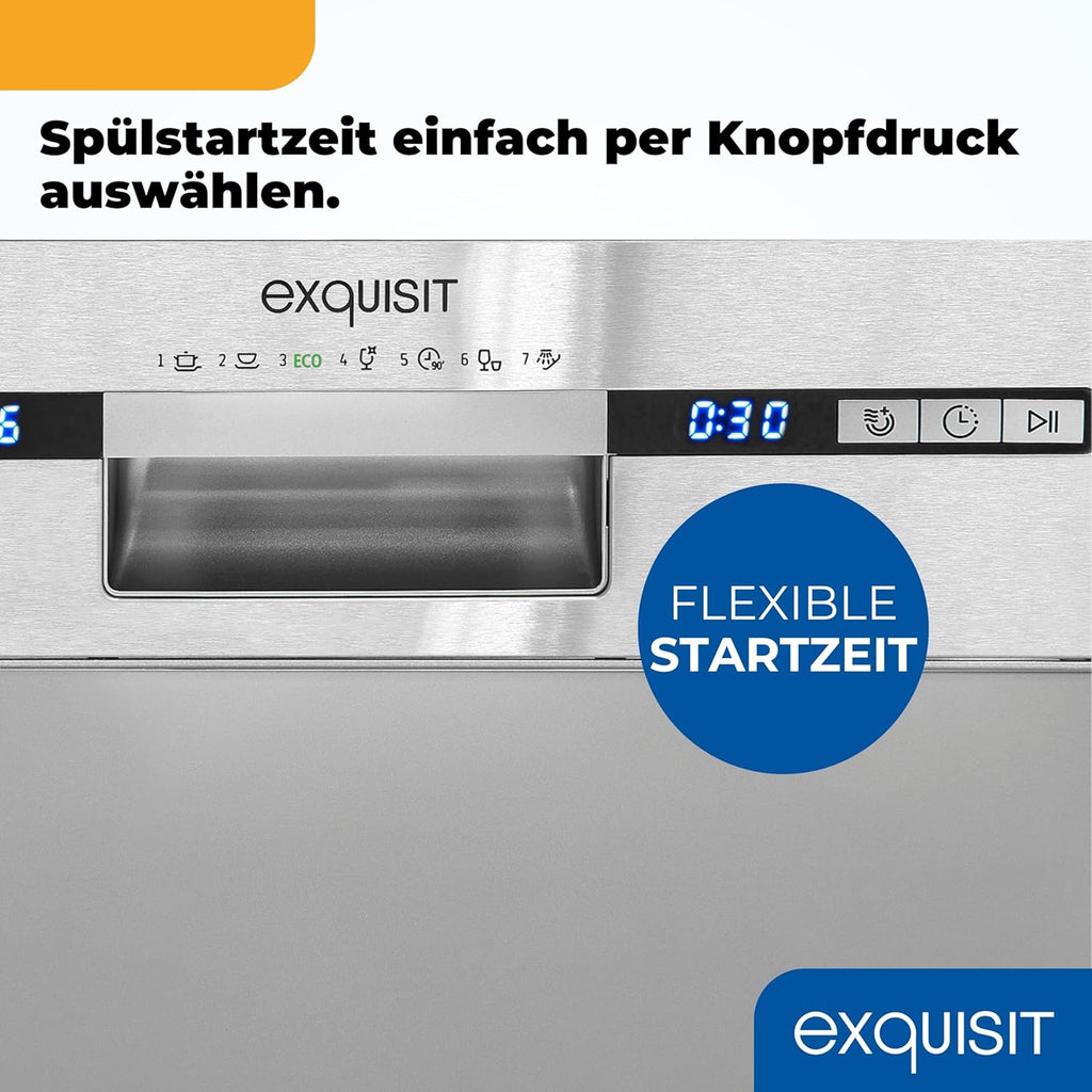 Exquisit Geschirrspüler, 9 Maßgedecke, Spülmaschine 45 cm, Power+, ECO-Modus, Geschirrspüler 45 cm, GSP59109-030E silber
