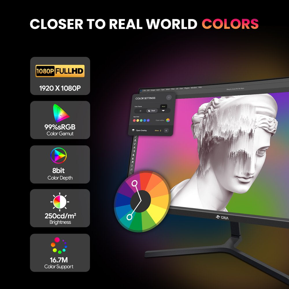 CRUA 24" 180 Hz Curved Gaming-Monitor - FHD 1080P rahmenloser Computermonitor, AMD Freesync, geringe Bewegungsunschärfe, DP- und HDMI-Anschluss, Schwarz