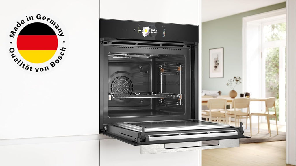 Bosch HMG7361B1, Serie 8 smarter Einbau-Backofen mit Mikrowellenfunktion, 60 x 60 cm, Made in Germany, Schwarz, Air Fry, Digitaler Bedienring, Touchdisplay, Automatikprogramme, Reinigungsunterstützung