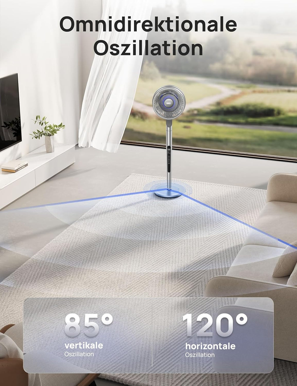 Dreo Standventilator mit intelligenter Steuerung, 101,6–111,8 cm höhenverstellbar, DC leiser Ventilator für Schlafzimmer, 120°+85° omnidirektionaler oszillierender Ventilator, 30,5 m Luftstrom, 10