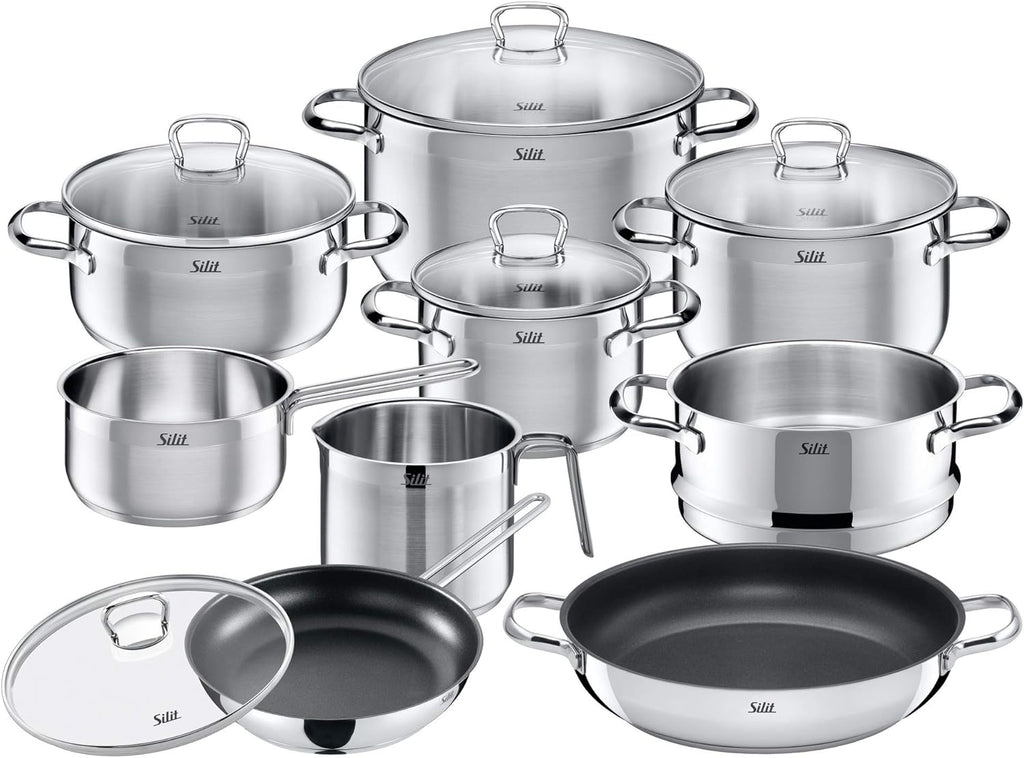 Silit Toskana Topfset induktionsgeeignet 10-teilig, Kochtopf Set mit Glasdeckel, Induktionskochtöpfe, Milchtopf, Dämpfer, Pfanne, Edelstahl teilmattiert, Induktions Töpfe Set unbeschichtet