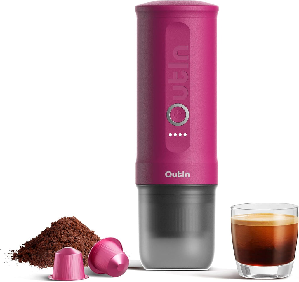 OutIn Nano Tragbare Espressomaschine mit Akku, für unterwegs oder Camping, Kaffeemaschine to go, mit elektrischer Selbsterhitzung über USB - C, 2 in 1 für gemahlenen kaffee und NS - kapseln
