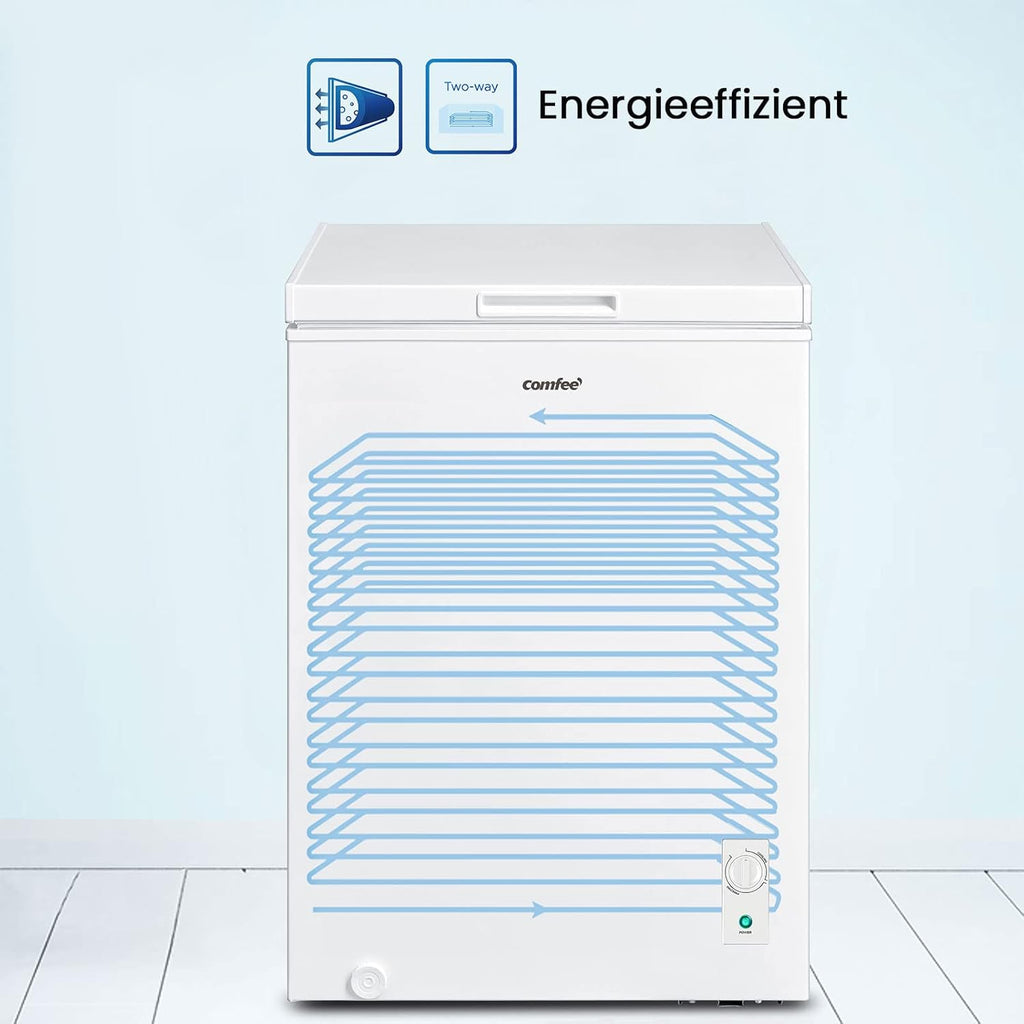 Comfee RCC100WH2(E) Gefriertruhe/169 kWh/Jahr/85cm hoch/99L/38dB/Geringe Lautstärke/Hoch effizientesD-förmigesRohr/Geeignet für verschiedene Einsatzszenarien/Einstellbarer Temperaturregler/Weiß