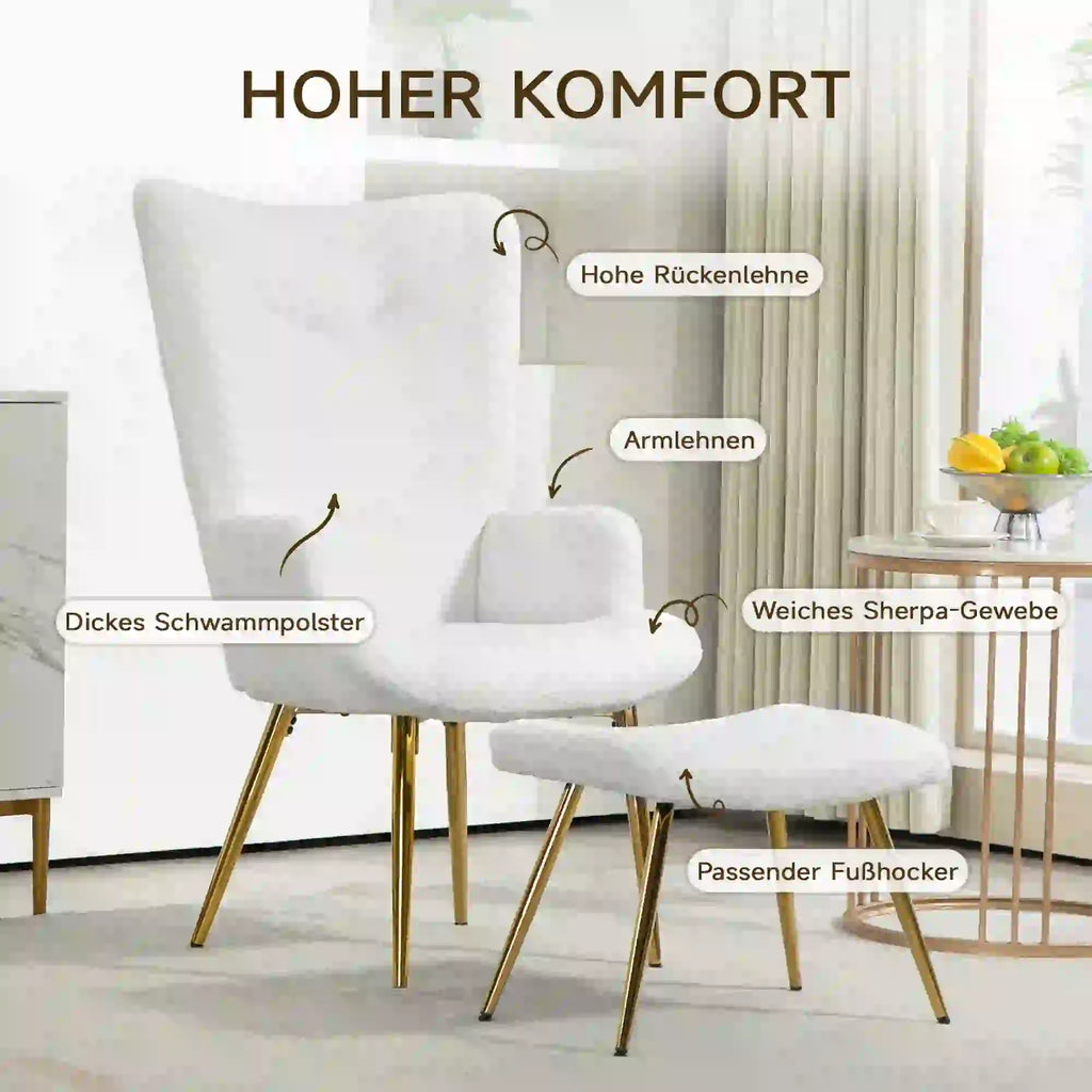 HOMCOM Relaxsessel mit Hocker Sherpa-Bezug weiß goldene Beine