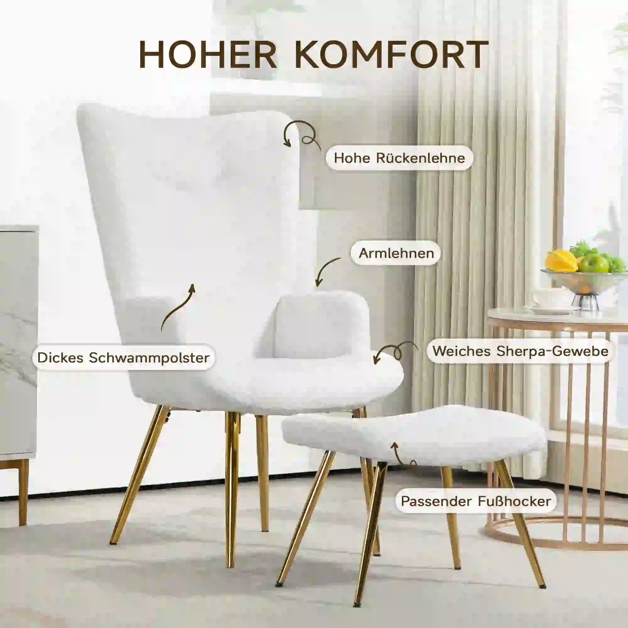 HOMCOM Relaxsessel mit Hocker Sherpa-Bezug weiß goldene Beine