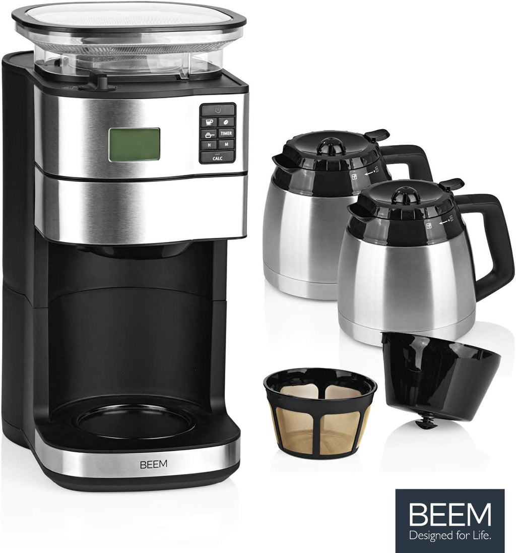 BEEM FRESH-AROMA-PERFECT II Filterkaffeemaschine mit Mahlwerk - Thermo | Edelstahl | Thermokanne | 24h-Timer | 1000 W | 180 g Bohnenbehälter