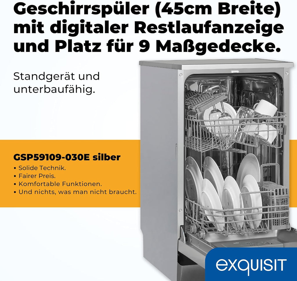 Exquisit Geschirrspüler, 9 Maßgedecke, Spülmaschine 45 cm, Power+, ECO-Modus, Geschirrspüler 45 cm, GSP59109-030E silber