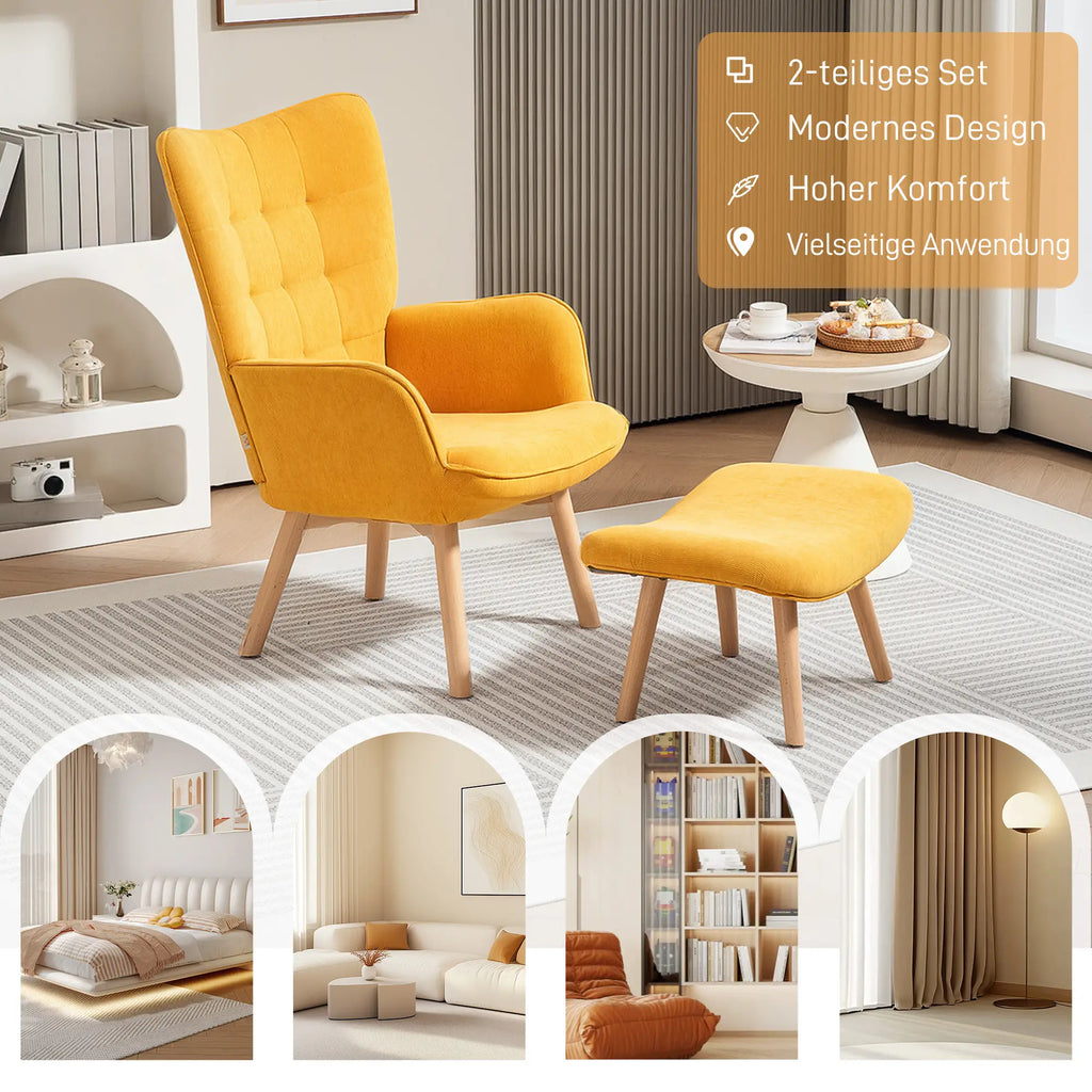 HOMCOM Relaxsessel mit Hocker Lesesessel Set Buchenholzbeine Cordoptik Orange