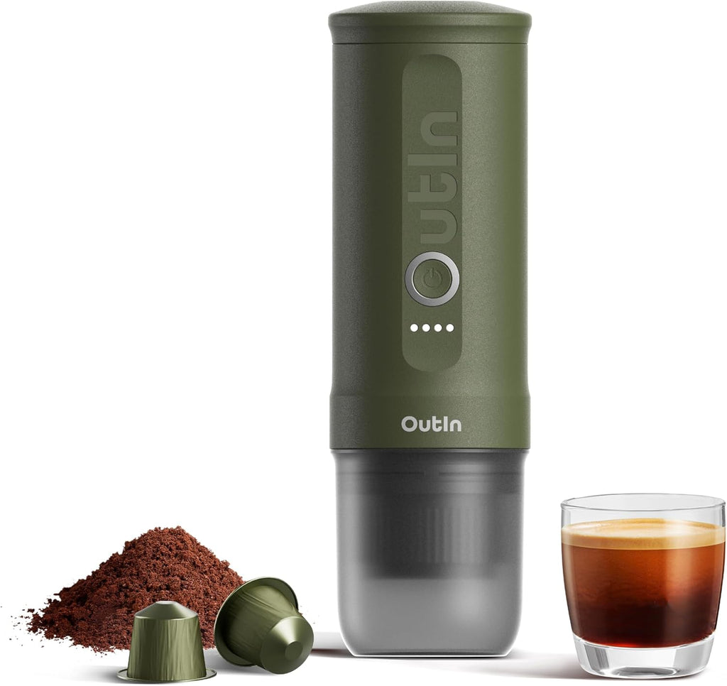 OutIn Nano Tragbare Espressomaschine mit Akku, für unterwegs oder Camping, Kaffeemaschine to go, mit elektrischer Selbsterhitzung über USB - C, 2 in 1 für gemahlenen kaffee und NS - kapseln