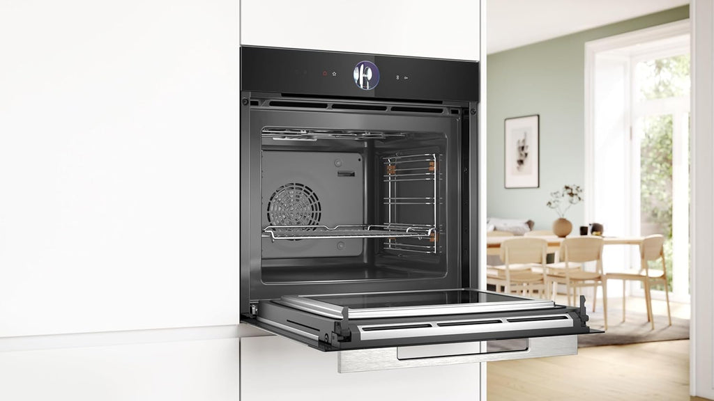 Bosch HMG7361B1, Serie 8 smarter Einbau-Backofen mit Mikrowellenfunktion, 60 x 60 cm, Made in Germany, Schwarz, Air Fry, Digitaler Bedienring, Touchdisplay, Automatikprogramme, Reinigungsunterstützung