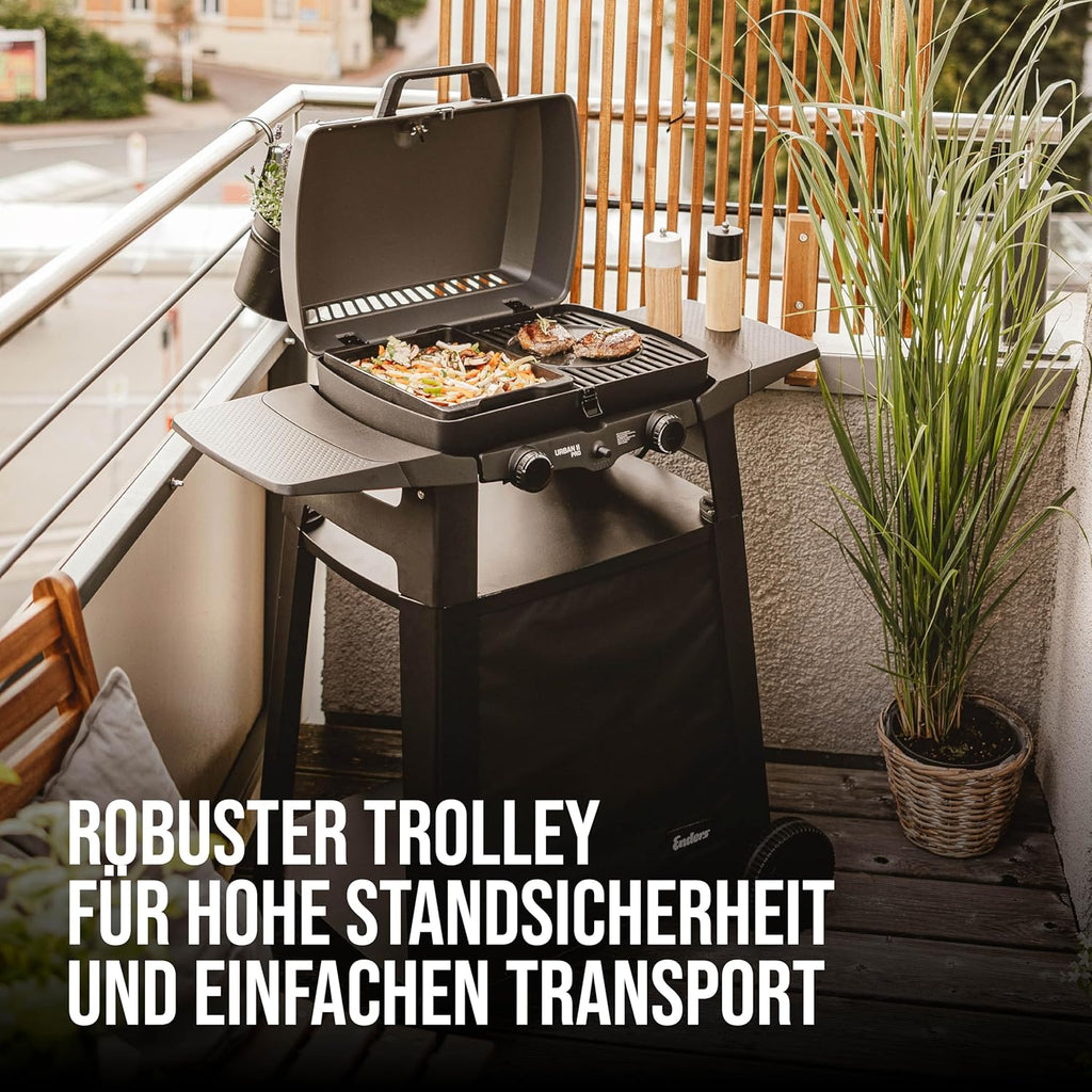 EndersGasgrill Urban II Pro, Tischgrill, Grillen-, Kochen- und Backen Funktion, 2 Brenner Edelstahl, mit Grill-Thermometer, Balkon-, Camping-Grill, Aluguss-Gehäuse, Gusseisen-Rost, #2062
