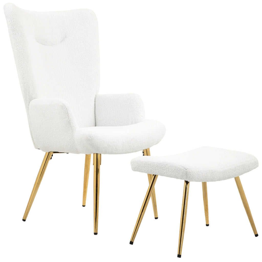 HOMCOM Relaxsessel mit Hocker Sherpa-Bezug weiß goldene Beine