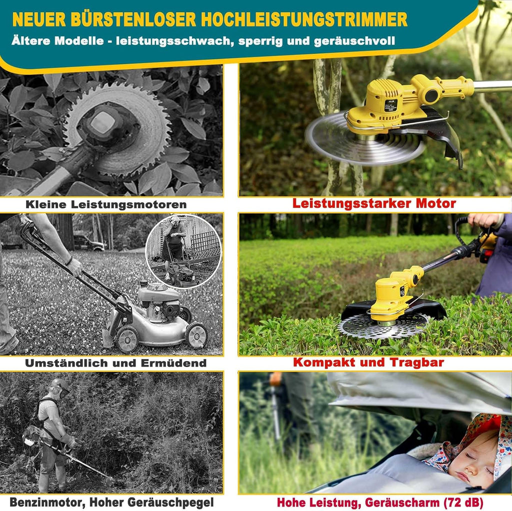 Akku Rasentrimmer mit Akku und Unkrautbürste, Rasentrimmer mit Akku mit 5 Klingentypen, 21 V Bürstenlose Freischneider Akku, mit 2 Akku 4.0Ah für Garden Trimmen (Grau)