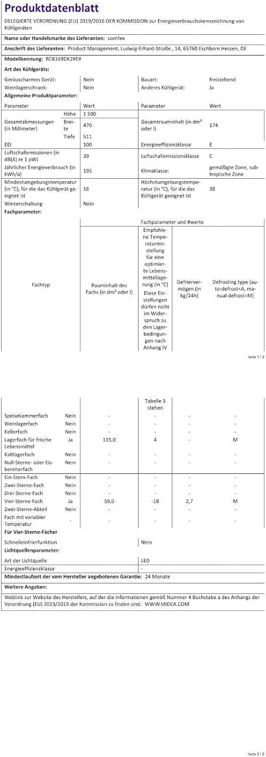 Comfee' RCB169DK3 Kühlschrank mit Gefrierfach 150cm Höhe/Kühl-/Gefrierkombination/Low Frost/174L/leise Kühlgefrierkombi 38dB/Einstellbare Kühlschranktemperatur/LED-Licht/156 kWh/Jahr/Schwarz
