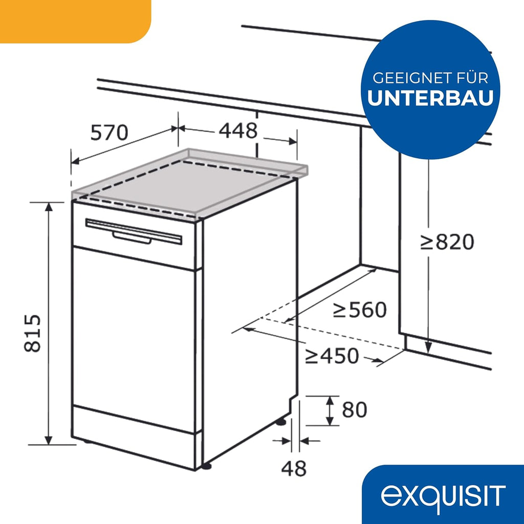 Exquisit Geschirrspüler, 9 Maßgedecke, Spülmaschine 45 cm, Power+, ECO-Modus, Geschirrspüler 45 cm, GSP59109-030E silber