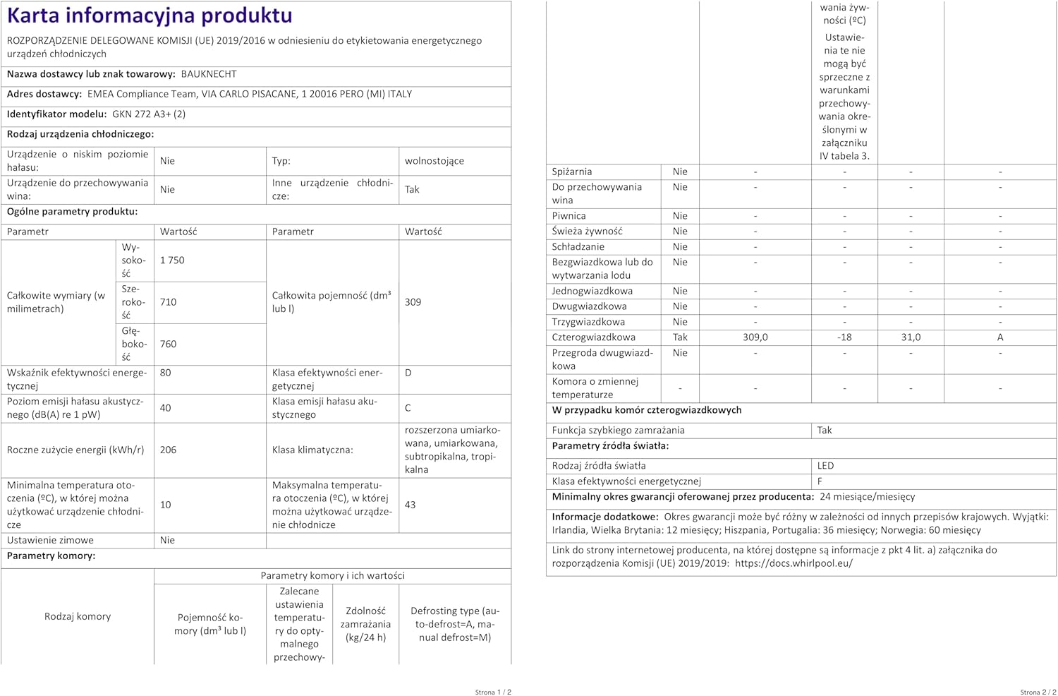 Bauknecht GKN 272 A3+ Gefrierschrank / 309 L Gesamtnutzinhalt / NoFrost / EasyOpen Ventil / Innenbeleuchtung / Elektronische Steuerung mit innenliegendem Bedienfeld, Weiß