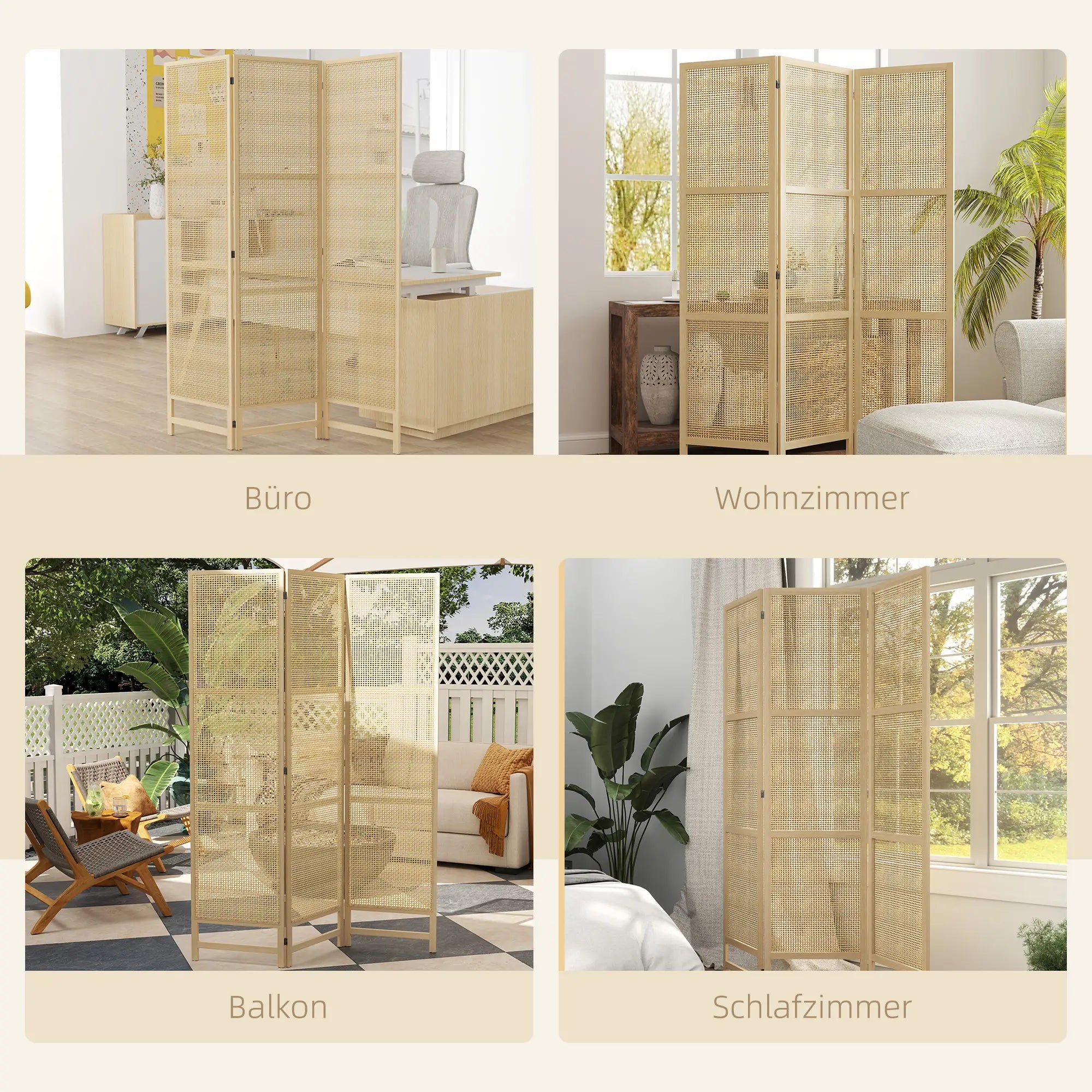 HOMCOM Paravent 3-teilig 135x180 cm aus PP-Rattan Natur
