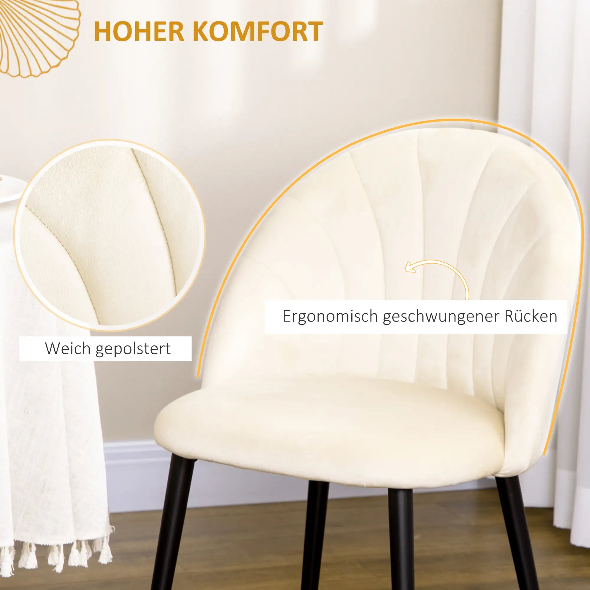 HOMCOM Esszimmerstühle 2er-Set muschelförmig, Komfort Samt cremeweiß