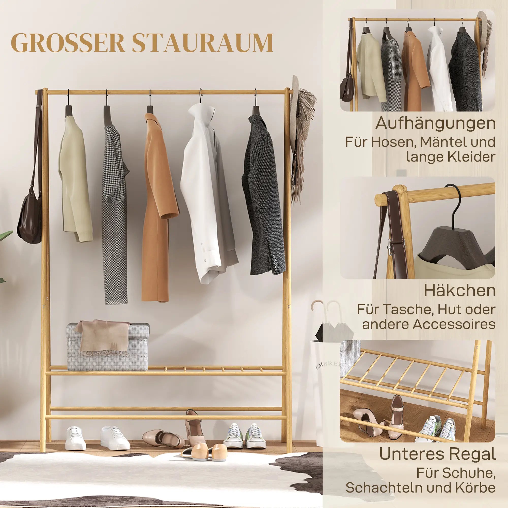 HOMCOM Garderobenständer Bambus 116x43,5x160 cm Naturholz