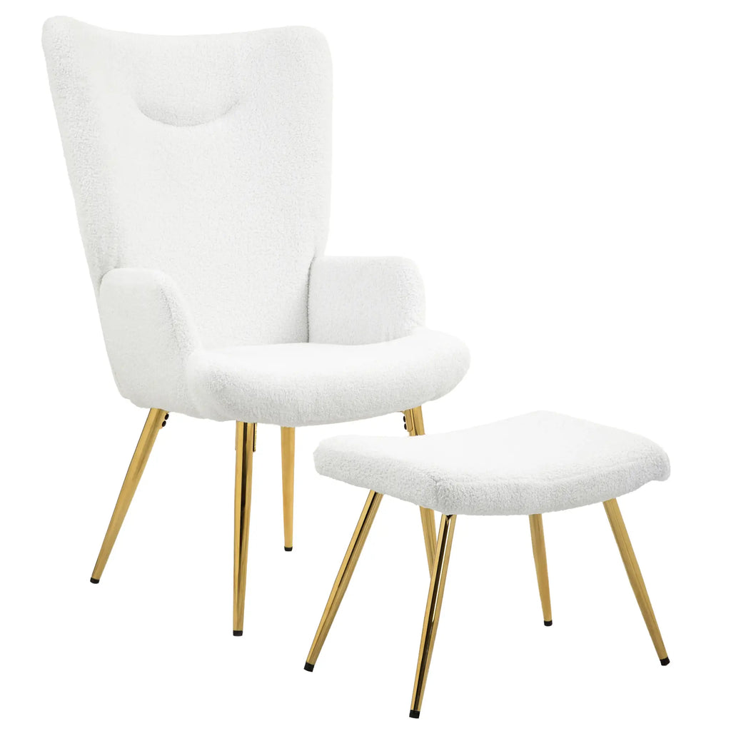 HOMCOM Relaxsessel mit Hocker Sherpa-Bezug weiß goldene Beine