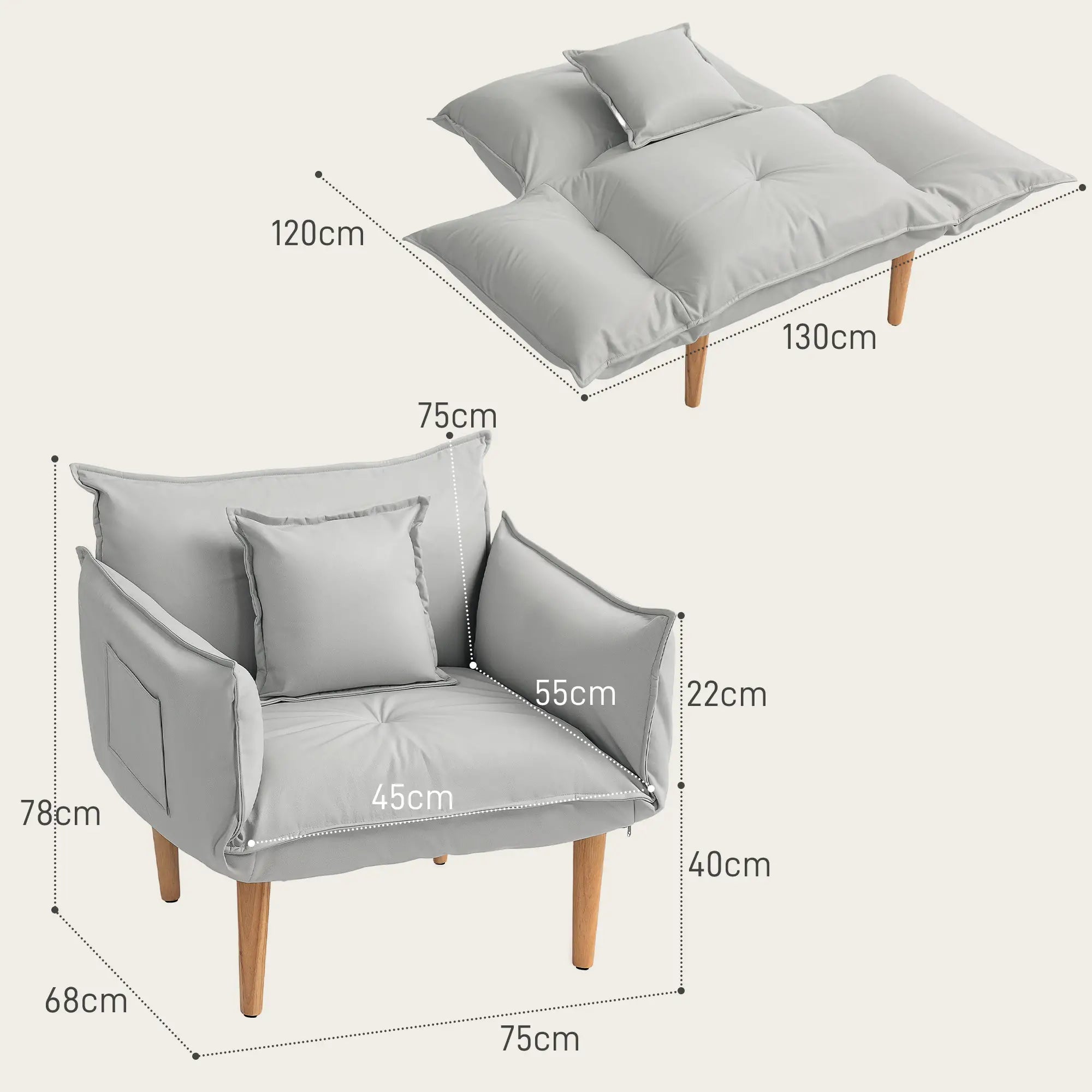 HOMCOM Schlafsessel mit 5-fach verstellbarer Rückenlehne 2in1 Bodensofa