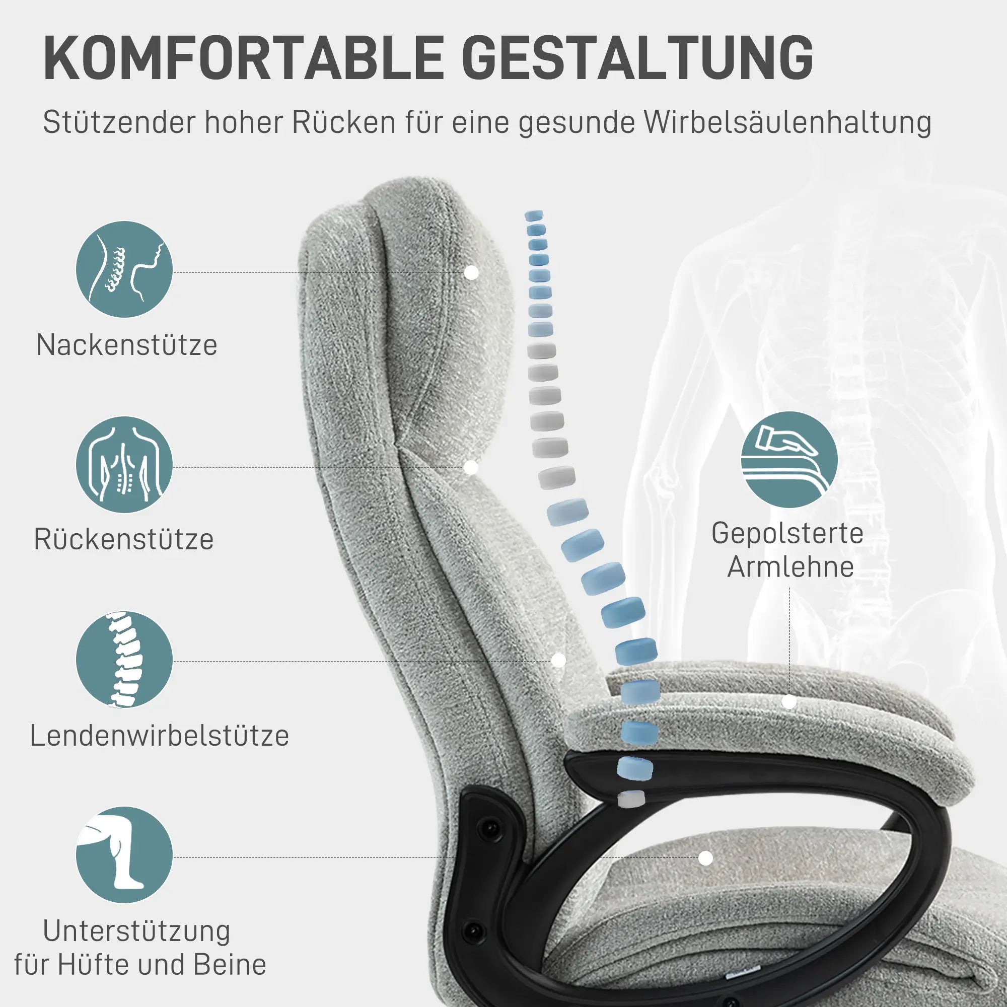 HOMCOM Ergonomischer Bürostuhl mit Wippfunktion – Hellgrau